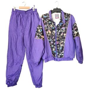 Vtg Basic Rituals Track Suit Size M Nylon Jacket & Pants Purple Floral Retro